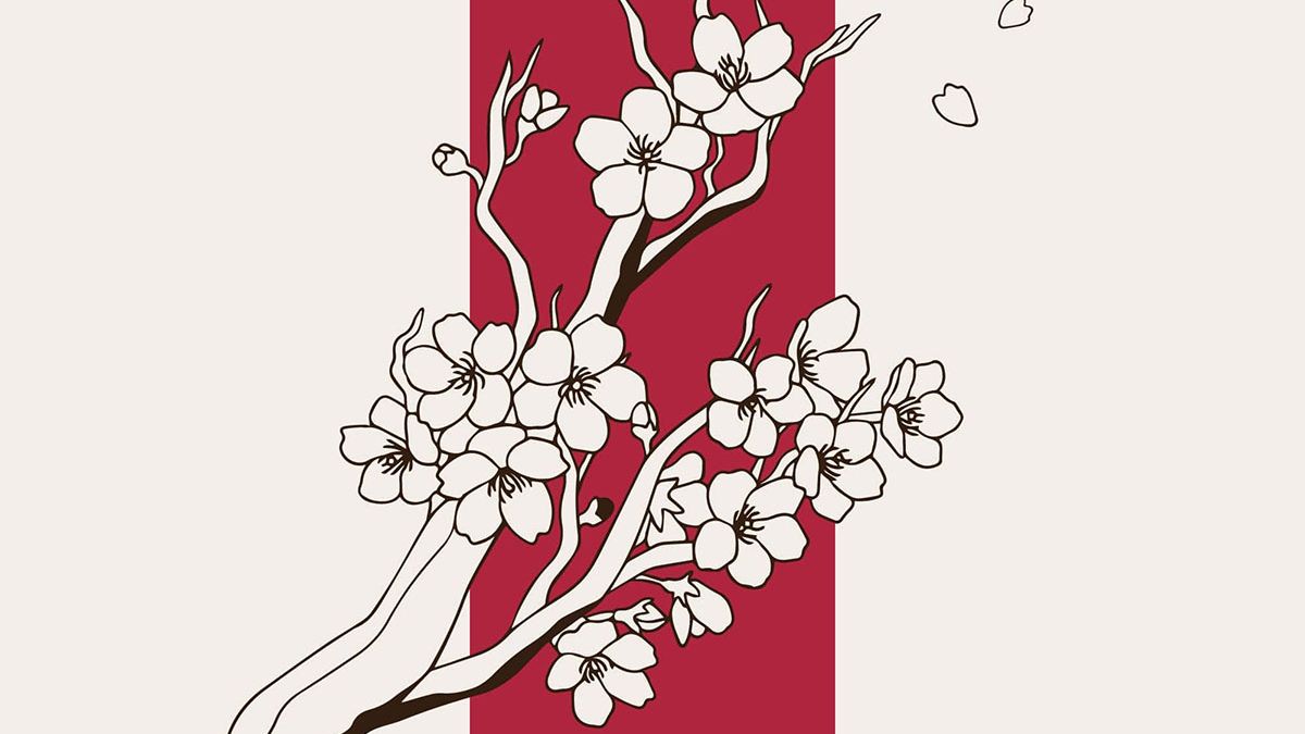 日式元素樱花仙鹤扇子设计元素线描矢量手绘插画