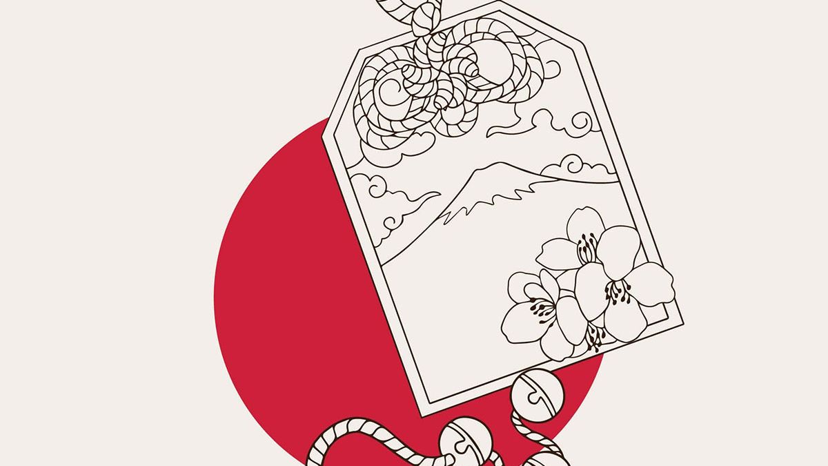 日式元素樱花仙鹤扇子设计元素线描矢量手绘插画