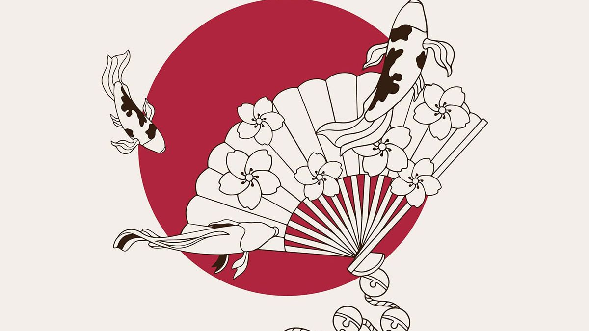日式元素樱花仙鹤扇子设计元素线描矢量手绘插画