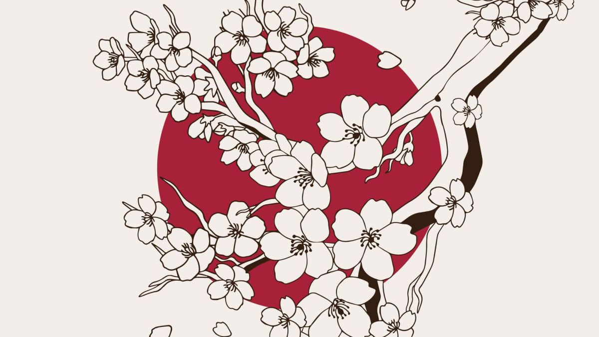 日式元素樱花仙鹤扇子设计元素线描矢量手绘插画
