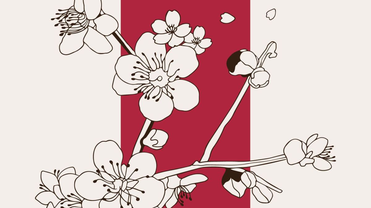 日式元素樱花仙鹤扇子设计元素线描矢量手绘插画