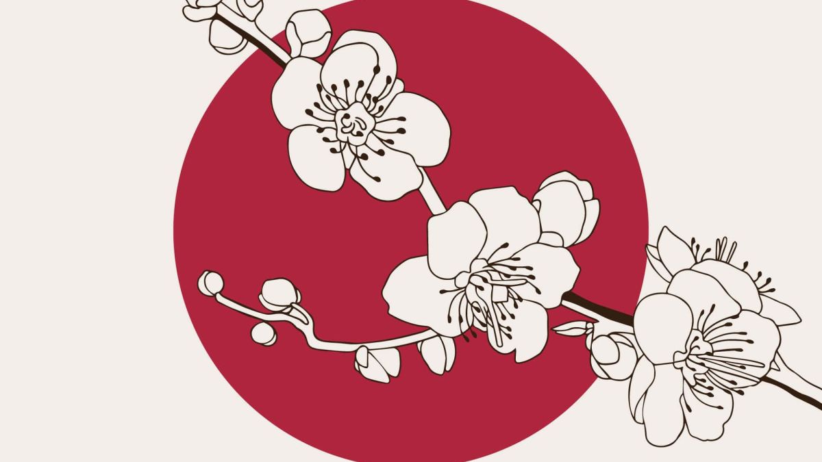 日式元素樱花仙鹤扇子设计元素线描矢量手绘插画