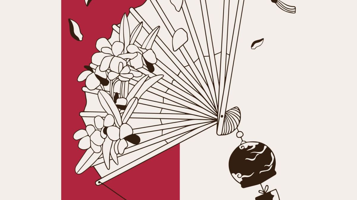日式元素樱花仙鹤扇子设计元素线描矢量手绘插画