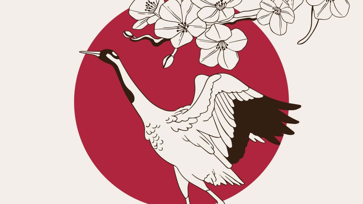 日式元素樱花仙鹤扇子设计元素线描矢量手绘插画
