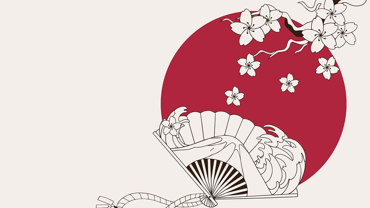 日式元素樱花仙鹤扇子设计元素线描矢量手绘插画