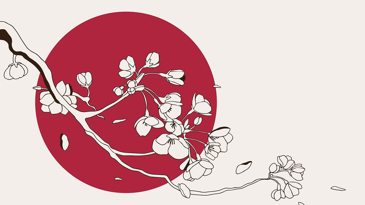 日式元素樱花仙鹤扇子设计元素线描矢量手绘插画