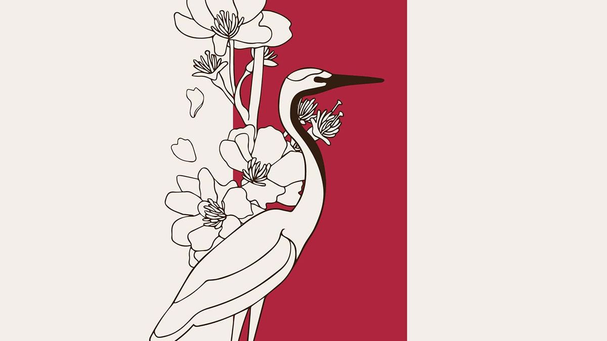 日式元素樱花仙鹤扇子设计元素线描矢量手绘插画