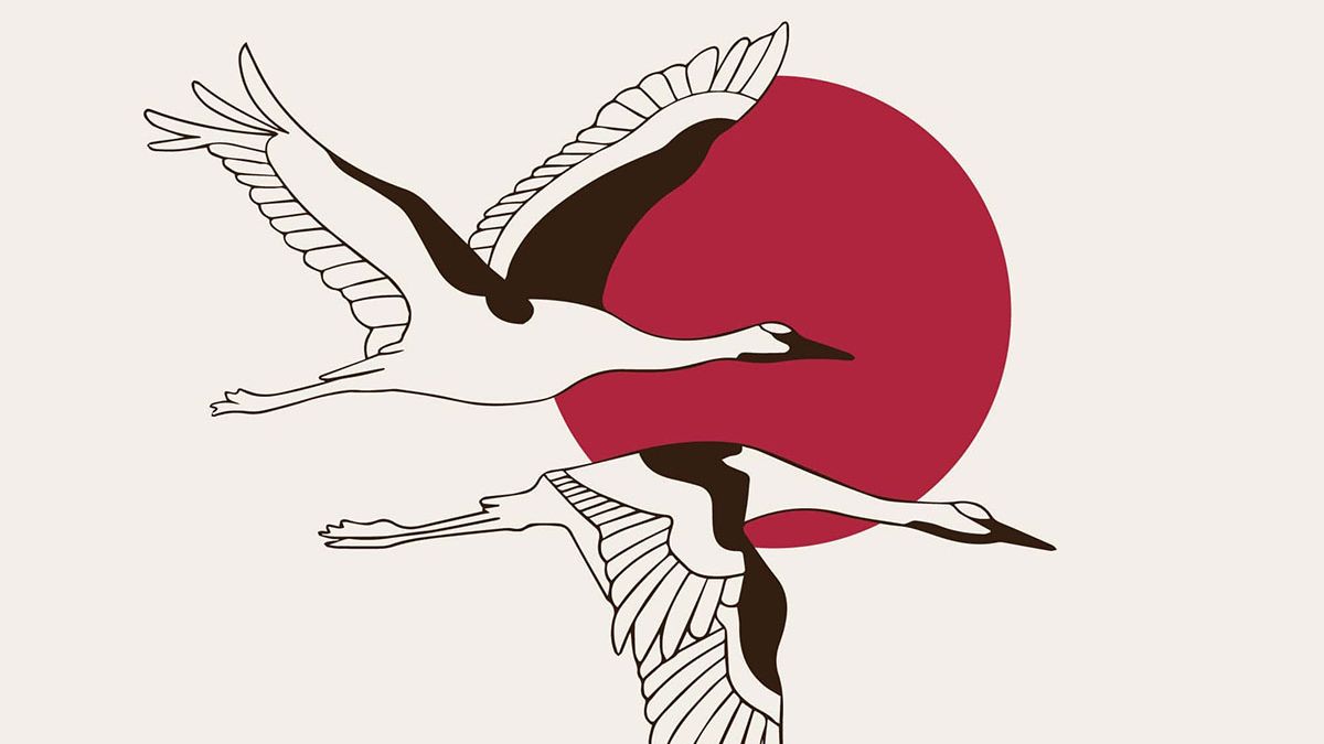 日式元素樱花仙鹤扇子设计元素线描矢量手绘插画