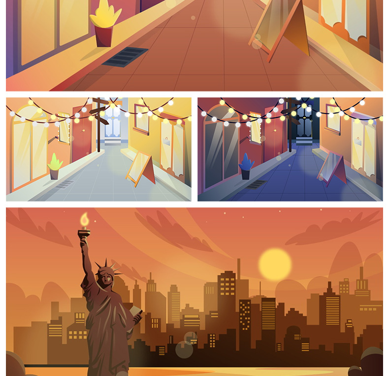 手绘卡通时尚现代装饰画风景山水日出壁纸svg插画ai矢量素材图片
