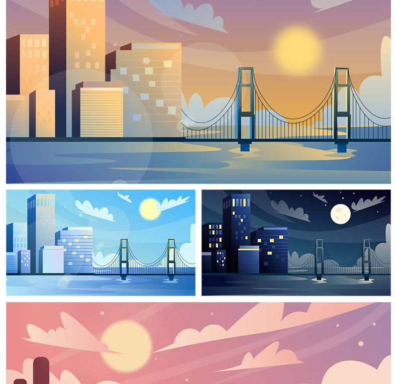 手绘卡通时尚现代装饰画风景山水日出壁纸svg插画ai矢量素材图片