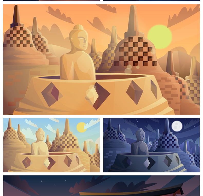 手绘卡通时尚现代装饰画风景山水日出壁纸svg插画ai矢量素材图片