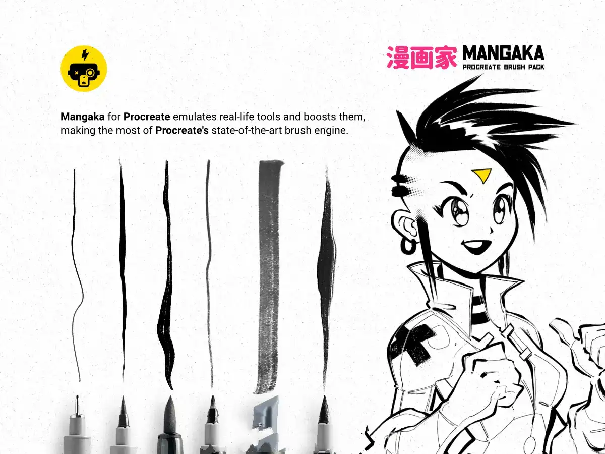 卡通黑白漫画水墨艺术插画Procreate笔刷展示图1