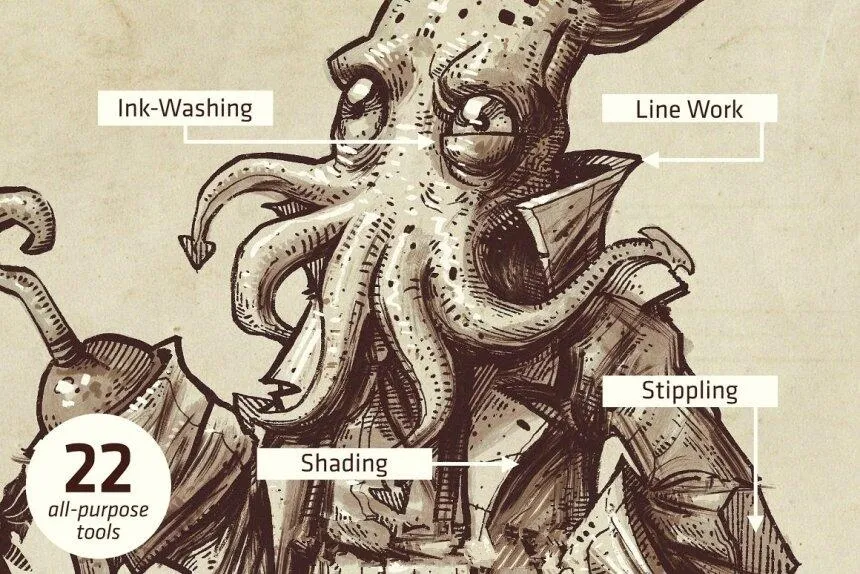 高质量仿旧水彩墨水Procreate笔刷效果图3