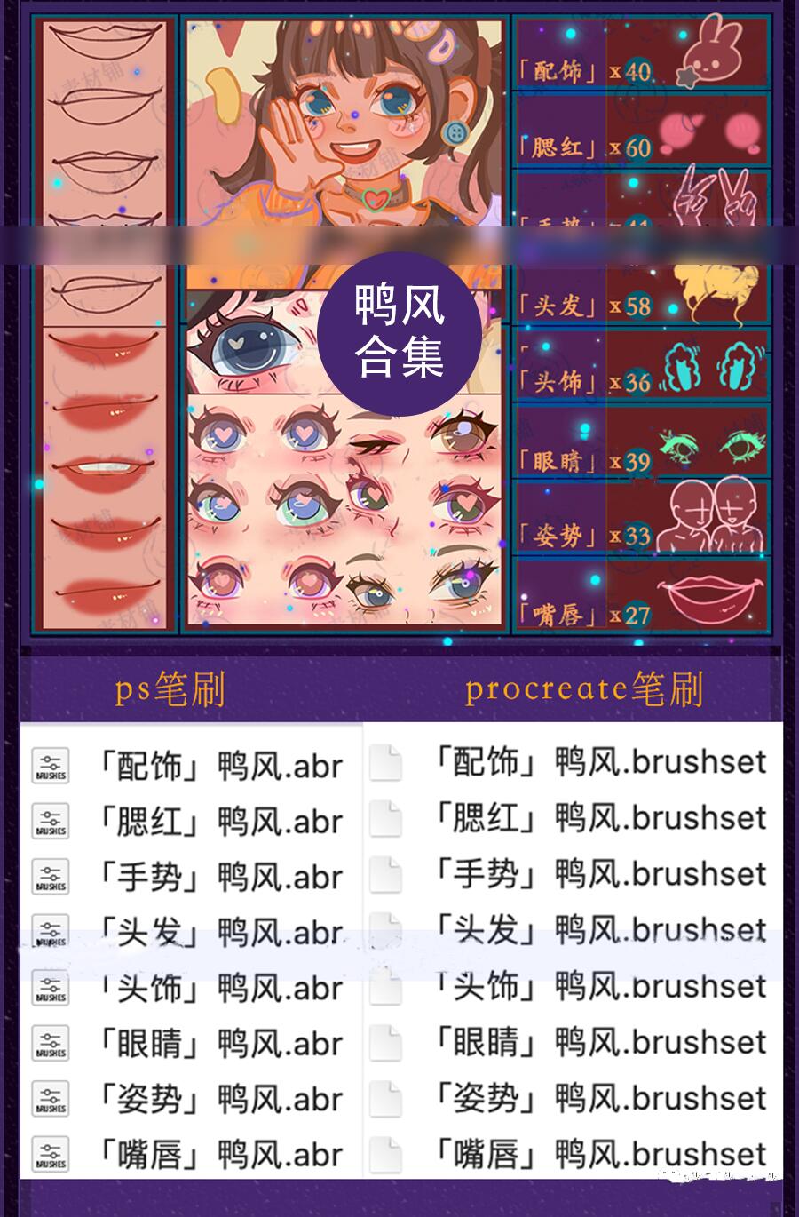 鸭风可爱卡通人物脸部procreate笔刷PS笔刷5