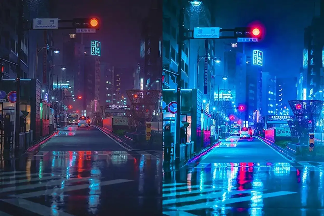 赛博朋克城市夜色街道灯光景观人像摄影调色Lightroom预设