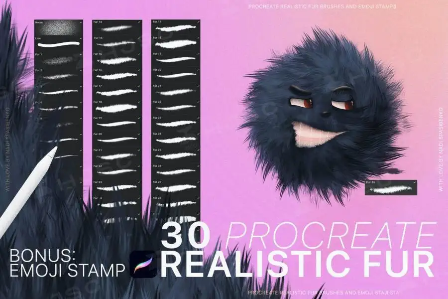 毛茸茸毛绒绒可爱动物毛绒蓬松毛发毛球procreate笔刷