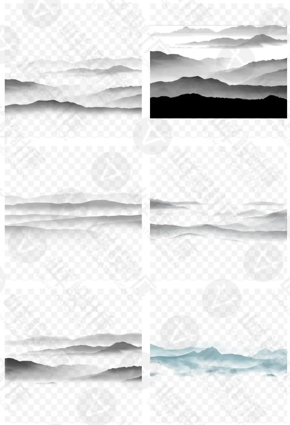 古典中国风水墨画山云山山峰淡雅云雾山背景PSD元素PNG设计素材图