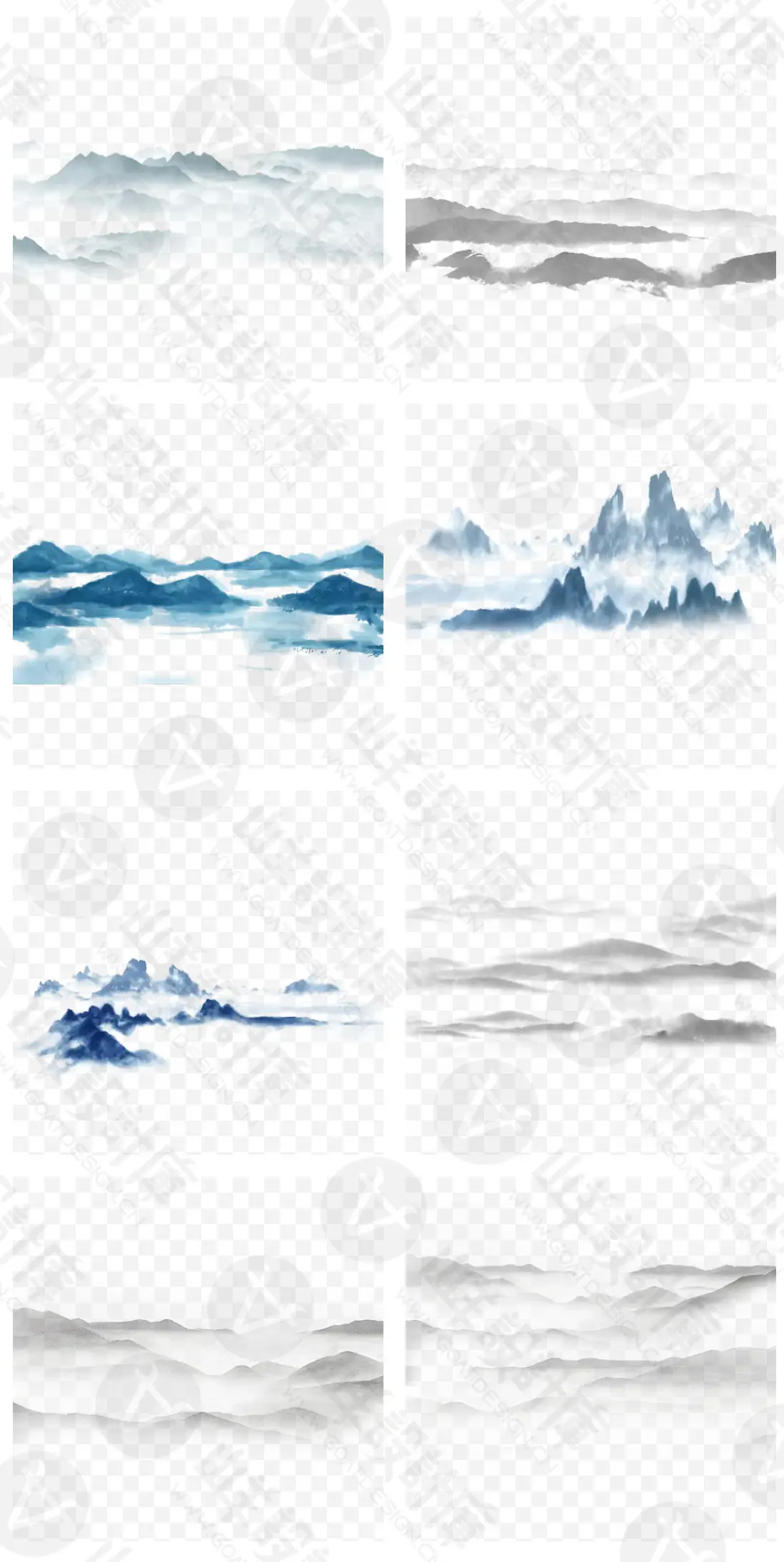 古典中国风水墨画山云山山峰淡雅云雾山背景PSD元素PNG设计素材图