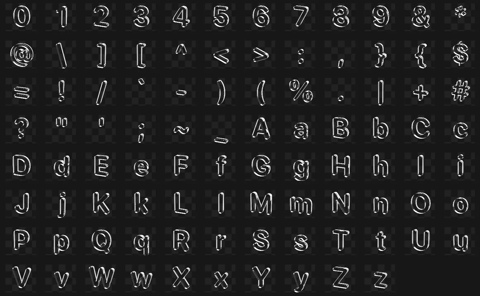 酸性3D立体透明玻璃水晶棱镜英文字母数字字符PNG免扣设计素材PS