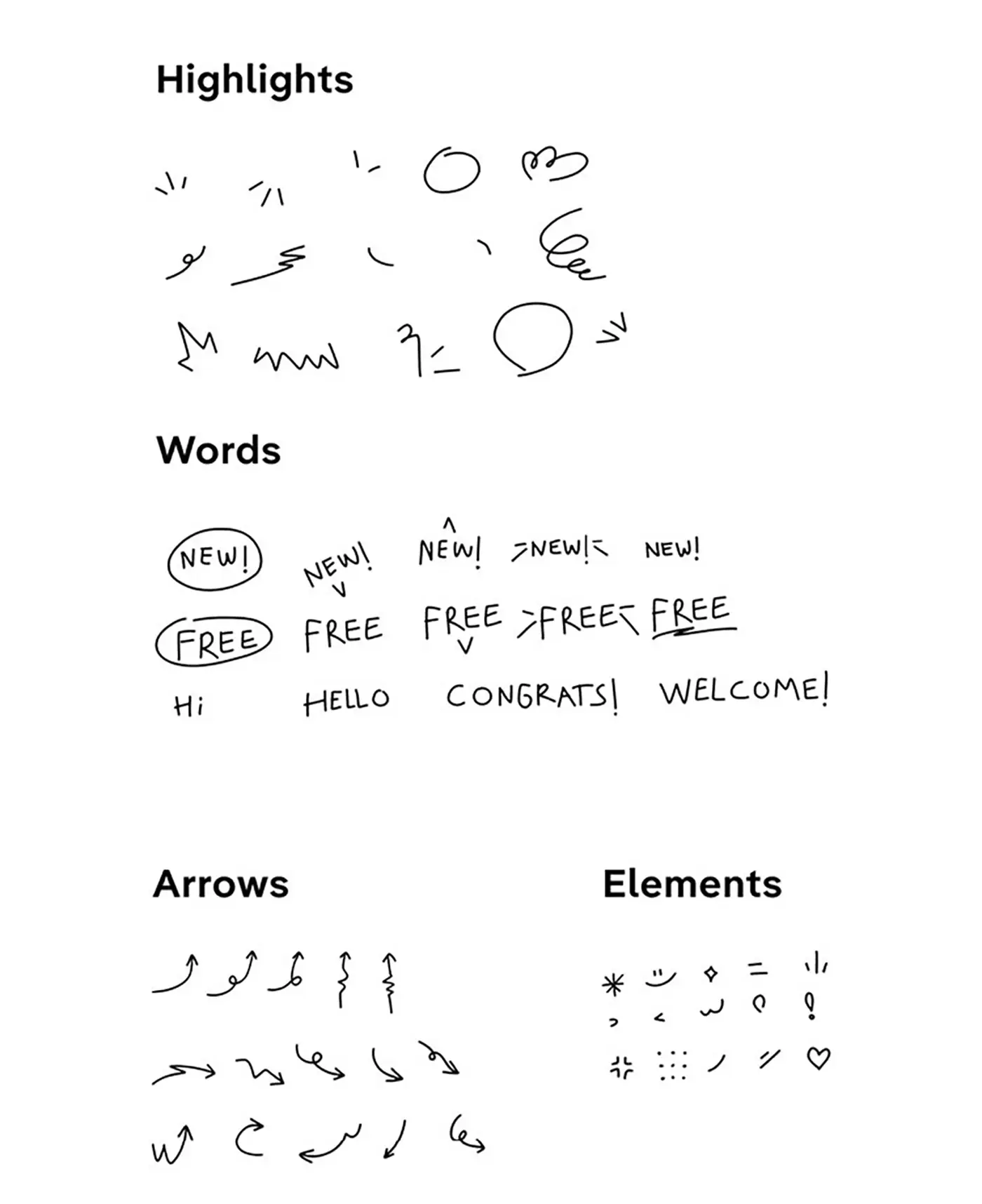 可爱手绘涂鸦线条箭头下划线文字装饰图案元素AI矢量设计素材PNG