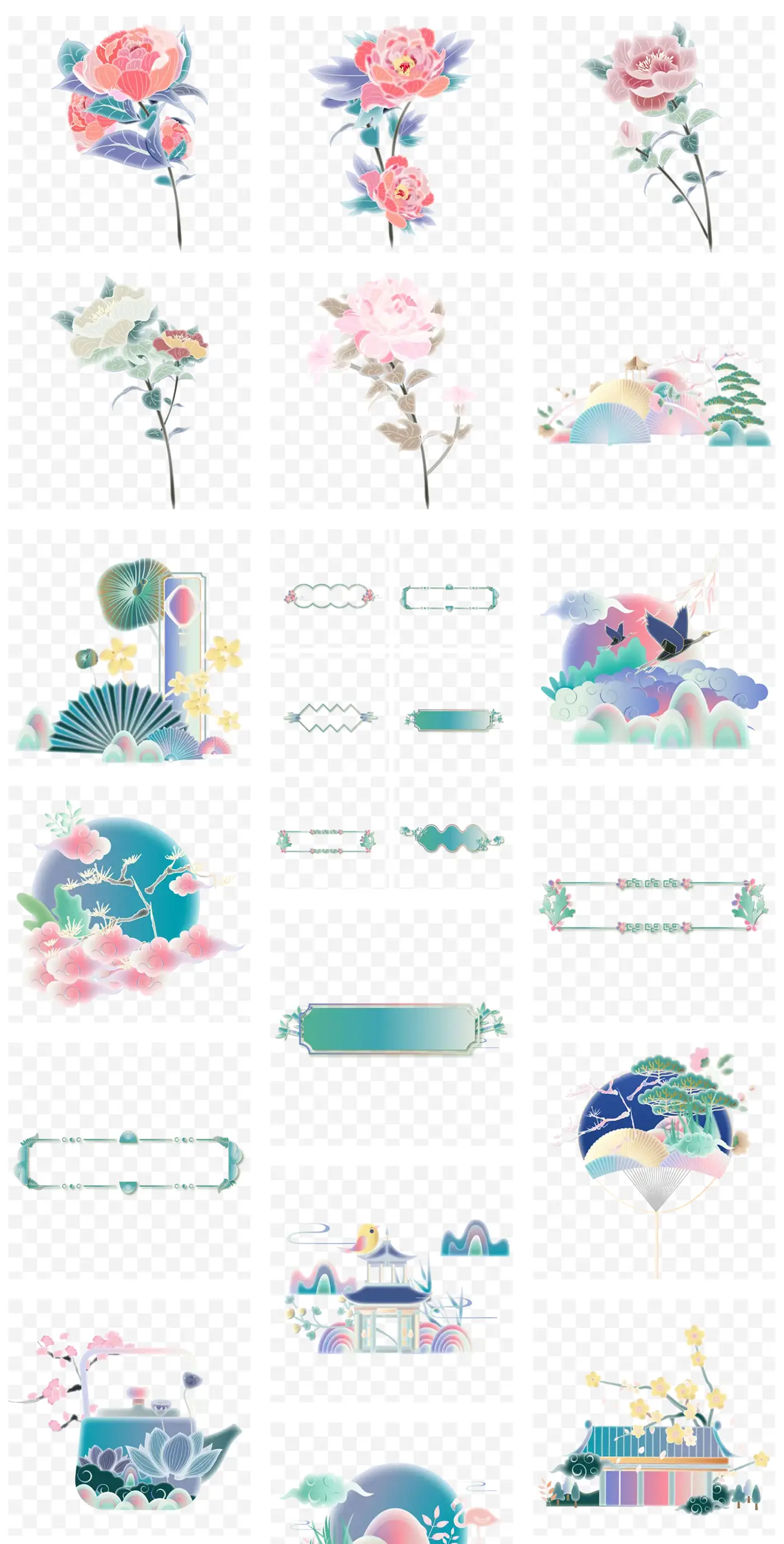 淡雅渐变新中式插画高级国风装饰图案AI矢量
