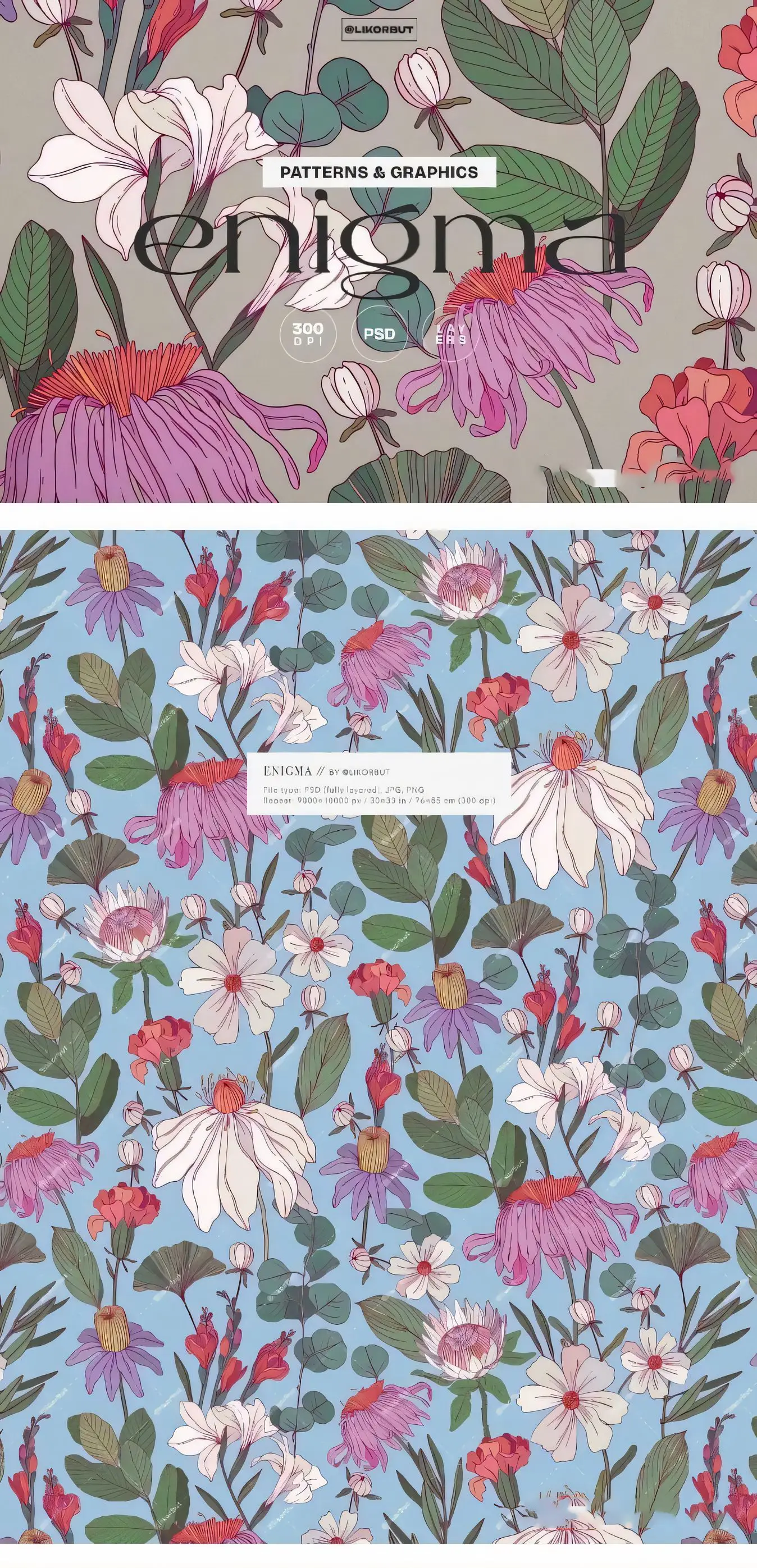 神秘花卉植物仙境手绘线描风格免抠背景纹理无缝素材
