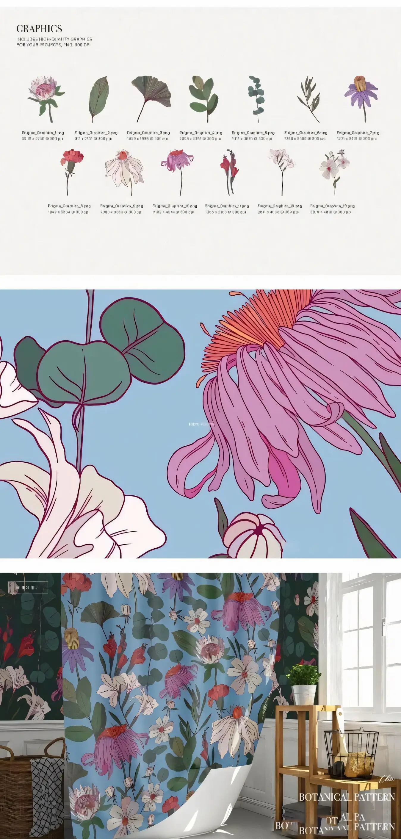 神秘花卉植物仙境手绘线描风格免抠背景纹理无缝素材