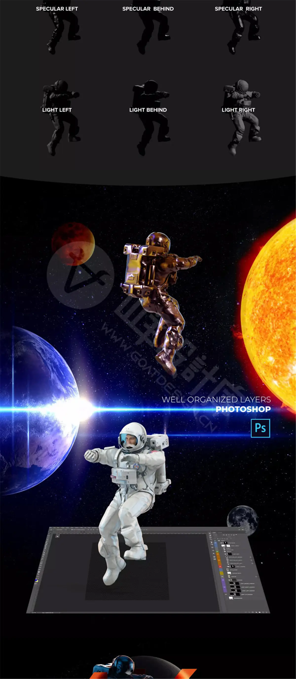 3D立体蒸汽波宇宙未来风宇航员模型PSD分层演示图4