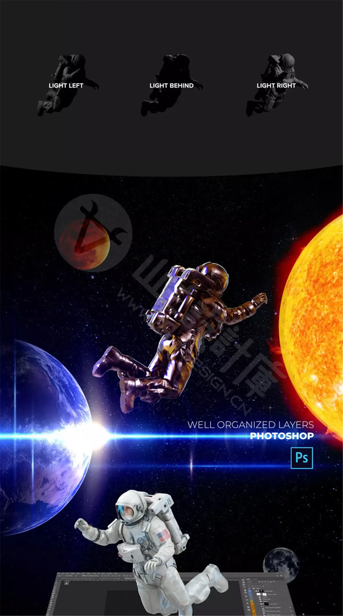 3D立体蒸汽波宇宙未来风宇航员模型PSD分层演示图9