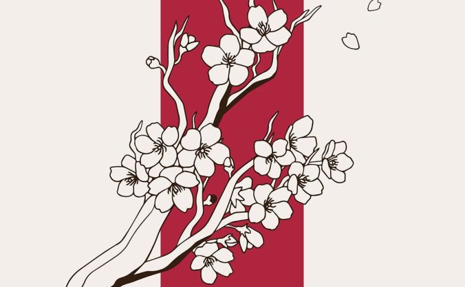 日式元素樱花仙鹤扇子设计元素线描矢量手绘插画