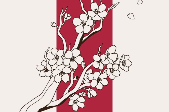 日式元素樱花仙鹤扇子设计元素线描矢量手绘插画