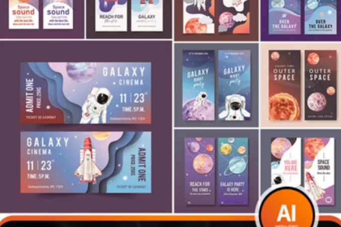 宇宙太空星空宇航员火箭星球插画banner海报PSD模板AI矢量