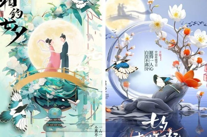 国风海报七夕节日插画素材PSD模板