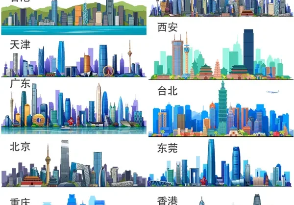 城市建筑景点地标西安重庆天津场景AI矢量插画免扣元素