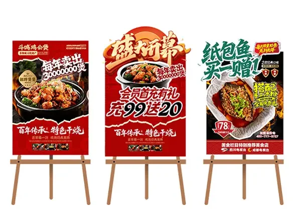 餐饮美食宣传展架招牌推荐新店开业异形背景板美陈PS模板CDR矢量设计素材
